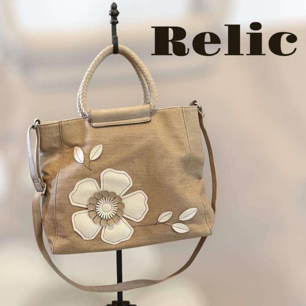Relic Canvas and Leather Purse with Leather Floral Appliqués.